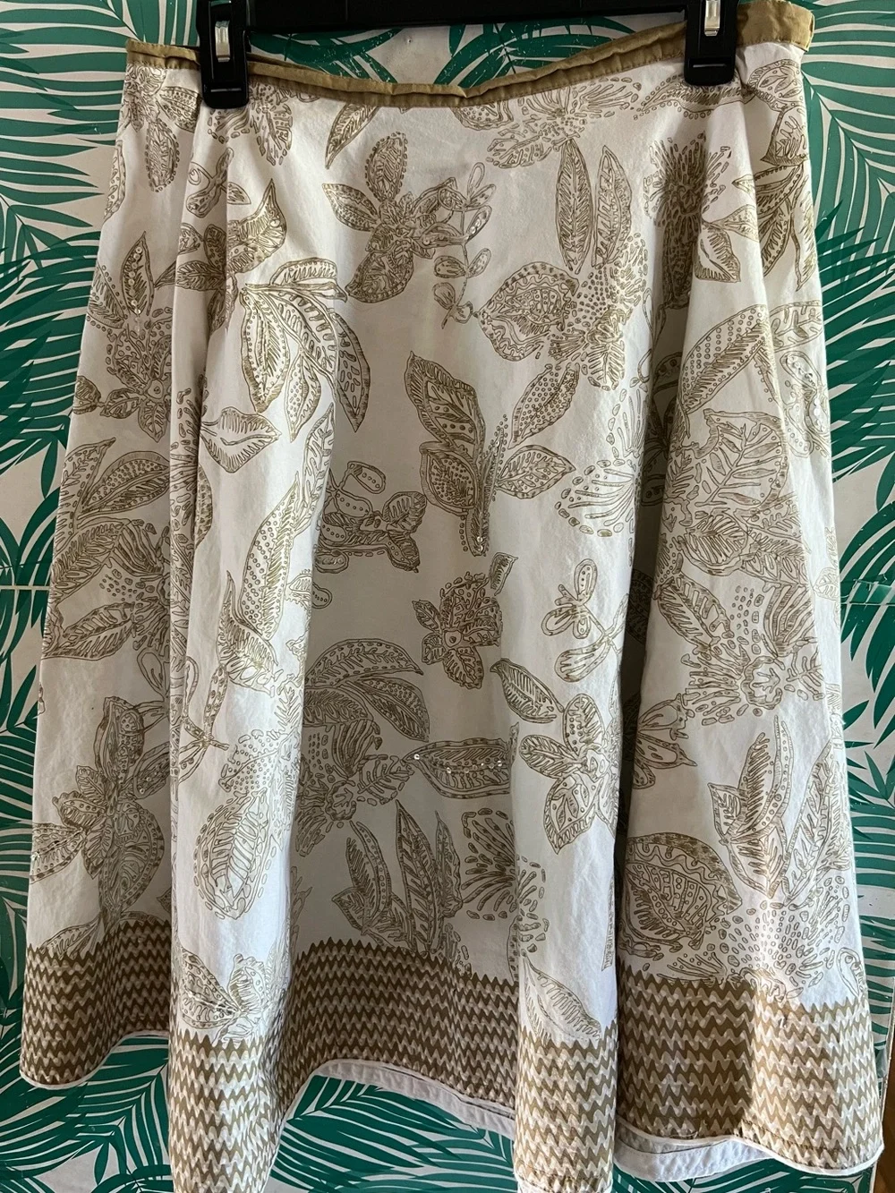 Lemon Grass Cotton midi white skirt w/ floral tan pattern and sequins. Sz 10p - Picture 1 of 8